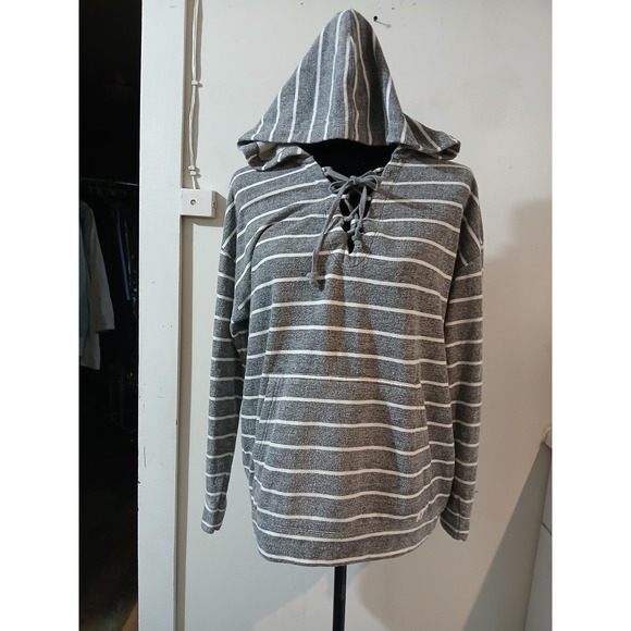 Billabong Tops - Billabong Grey White Striped Lace Up Hoodie French Terry Pullover womens Medium